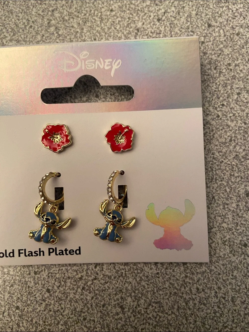 Disney Gold-Plated Blue Stitch Dangle & Red Flower Stud Earring Set